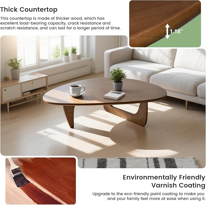 Solid Wooden Modern Triangle Coffee Table: Unique Funky Coffee Tables for Living Room, Oval Mid-Century Irregular Abstract Tea Tables for Patio Office Balcony Bedroom (Walnut, 50" L x 31" W x 16" H)