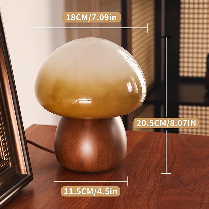Wooden Base Small Table Lamp for Bedroom 60W Mushroom Table Lamps Gradient Colored Glass Shade Modern Side Table and Desk Lighting H 8.07 in (The Light Bulb is Included)