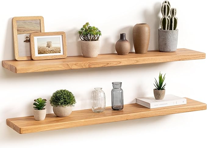 Floating Shelves 40"W x 8"D, Solid Elm Wood Shelves for Wall, 8 Inch Deep Floating Shelves for Home Storage & Display, Rustic Wooden Bathroom Shelves 40 Inch Long, Set of 2, Heavy-Duty Bookshelf