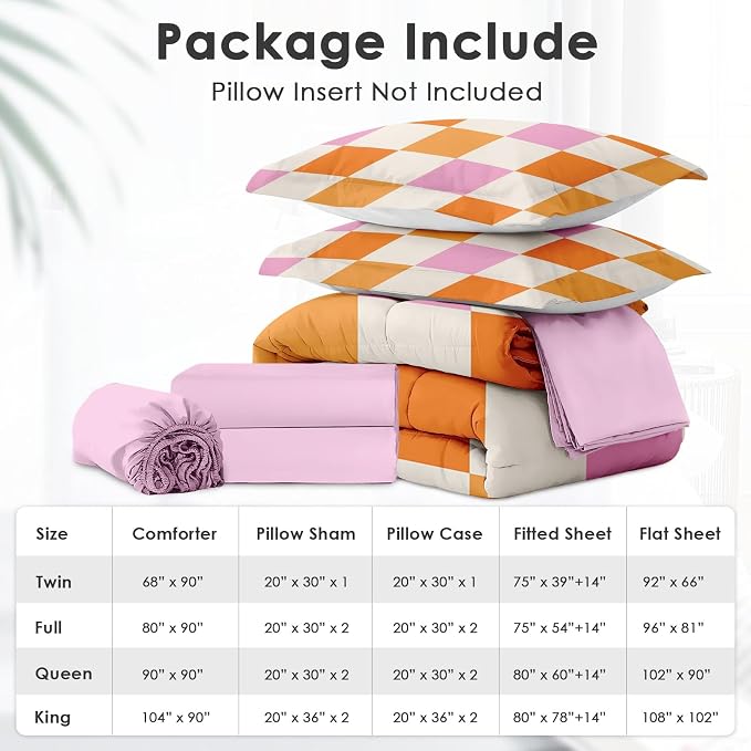 7Pcs Comforter Set King Size, Pink Orange Plaid Buffalo Checkered, Bed Decor Hippie Retro 70s Geometric Checkerboard Grid Bedroom Bedding Flat Sheet Fitted Sheet Pillowcases Kids and Adults