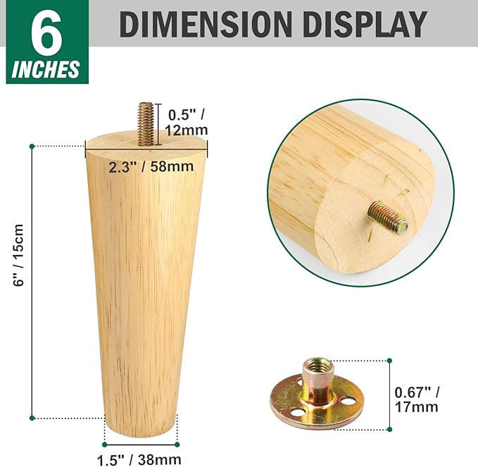 FoDau770 Rubber Wood Furniture Legs 6 Inches, Straight Tapered Wood Feet Mid Century Sofa Legs Set of 8, 5/16" UNC Furniture Feet Replacement Parts for Cabinet Couch Dresser Chair Ottoman Table