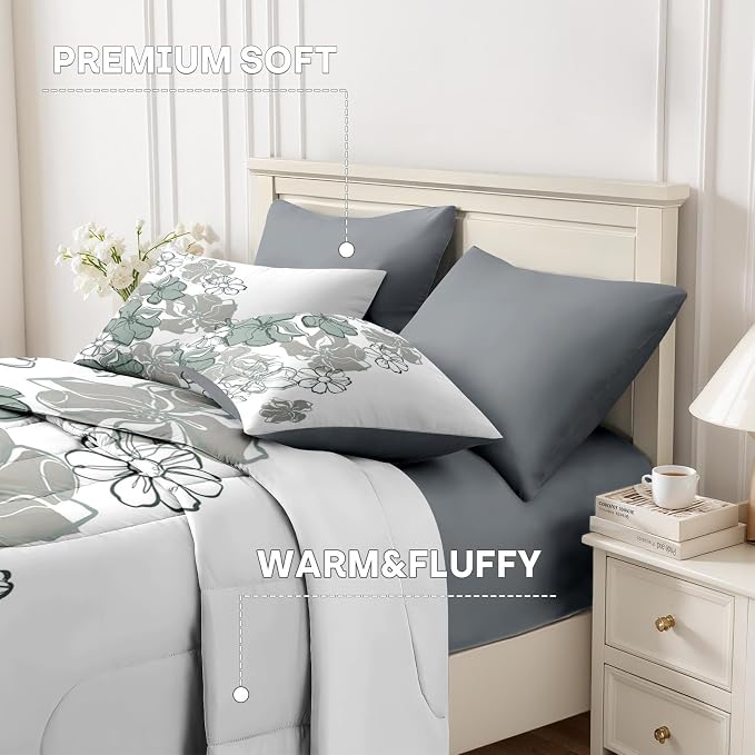 Nesker 7 Pcs Comforter Set King Size, Vintage Flowers Bedding Set for Kids and Adults, Farmhouse Floral Line Bed Sheet Sets with Fitted Sheet 2 Pillowcases & 2 Shams