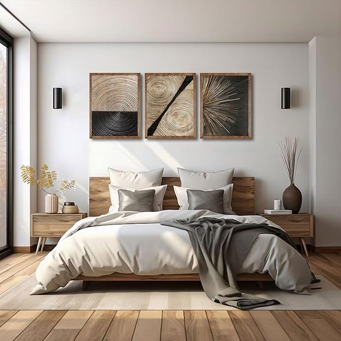 3Pcs Retro Wood grain Abstract Canvas Wall Art Minimalist Black Golden Line Texture Wall Decor Pictures Neutral Geometric Beige Brown Poster Prints for Living Room Bedroom Home Decoration 16x24in