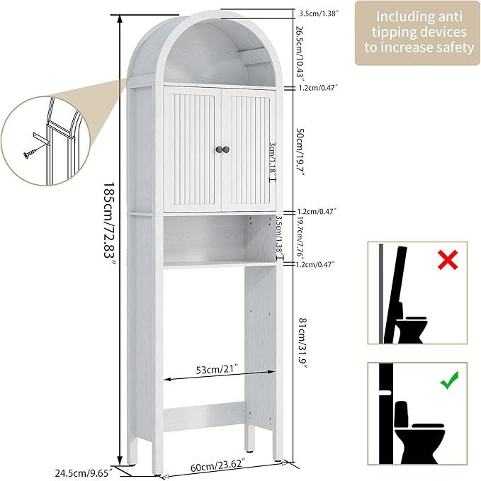 White Over The Toilet Storage Cabinet with Fluted Doors, Arched Bathroom Cabinet with Adjustable Shelf, 4 Tier Small Bathroom Shelf Organizer, Narrow Slim Toilet Rack, Wood, Anti-Tipping Device