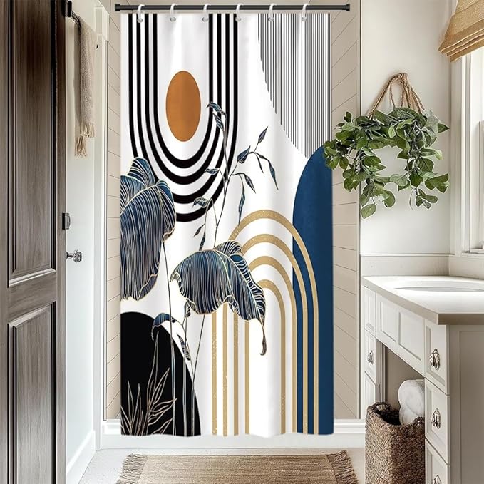 Mid Century Boho Shower Curtain for Bathroom Modern Abstract Minimalist Bathroom Decor Set Blue Gold Leaf Sun Arch Bathtub Curtains Machine Washable Waterproof Polyester Fabric with Hooks 48x72 Inch