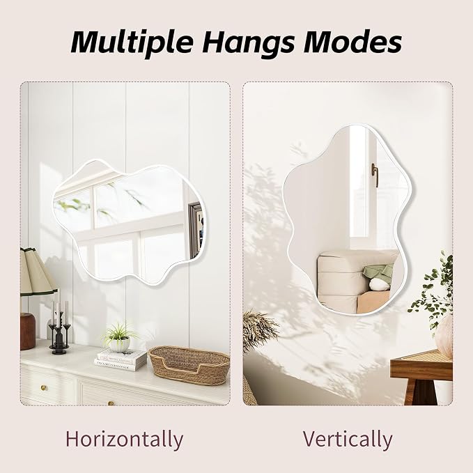 Tanmicoshomy White Irregular Wall Mirror 22x30 Inch, White Framed Cloud Shaped Asymmetrical Wavy Mirror with Tempered Glass for Bathroom Bedroom Cloakroom or Entryway