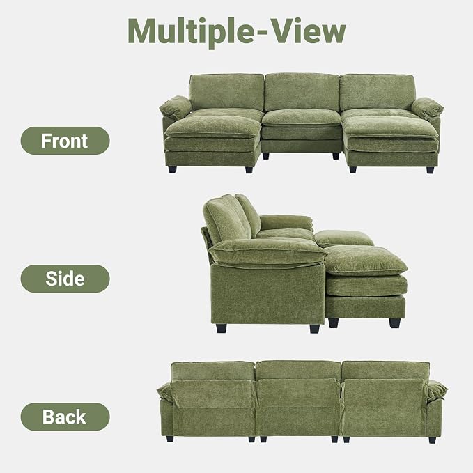 VINGLI 122" Cloud Olive Green Convertible Sectional Sofa, Comfy U-Shape Extra Deep Seat Sofa Couch for Living Room,Modern Chenille 3-Seat Convertible Sofa with 2 Movable Ottomans for Small Space