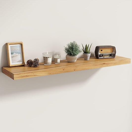Fun Memories Solid Elm Wood Floating Shelves Set of 1-40 Inch Rustic Wall Shelves with Heavy-Duty Invisible Brackets - for Living Room, Kitchen, Bedroom, Bathroom - Natural Finish