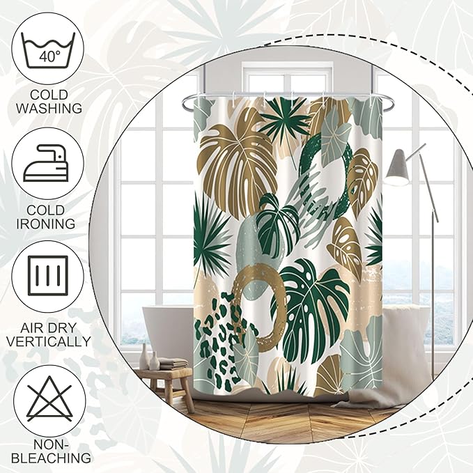 Baocicoo Bohemian Monstera Leaves Boho Floral Shower Curtain Decorative for Bathroom Cubicle Bathtub Waterproof Fabric Vacation Style with Hooks 36x72 Inches