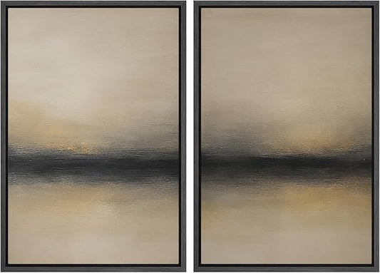 MUDECOR Framed Canvas Print Wall Art Abstract Sunset Horizon Modern Minimalist Beige and Black Illustrations Modern Art Decorative Bohemian Colorful for Living Room, Bedroom, Office - 24"x36"x2 Black