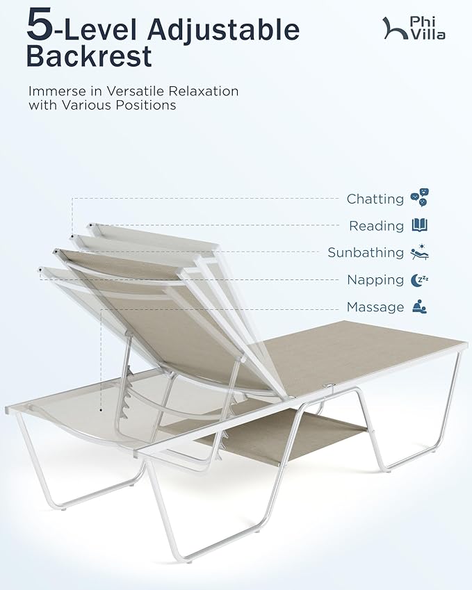 PHI VILLA 78" Oversized Outdoor Chaise Lounge Chair Set of 2, 27" Extra Wide Foldable, 5-Position Adjustable, UV50+ Textilene Mesh, Rust-Proof Powder-Coated Frame, Khaki Beige