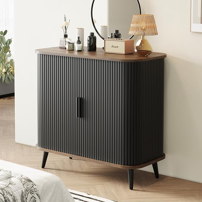Accent Cabinet with Sliding Doors - Black Sideboard Buffet Cabinet with Storage for Coffee Bar, Console Table - MCM Design Bar Cabinets for Modern Home Décor Set 3