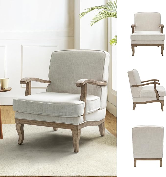 HULALA HOME Mid-Century Modern Accent Chair Set of 2, Upholstered Living Room Lounge Chair, Comfy Armchair with Solid Wood Legs & Removable Cushion, Bedroom Lounge Room Sofa Chair (Ivory)