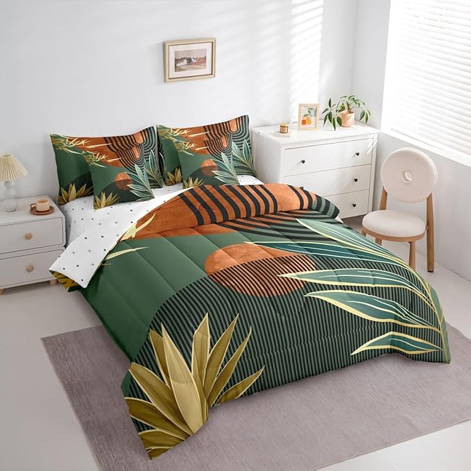 Erosebridal Mid Century Comforter Set King Size Vintage Bohemian 7 Pcs Bedding Sets,Modern Minimalist Bed in a Bag Abstract Geometric Stripes Art Quilt with Flat Fitted Sheet,Green Orange
