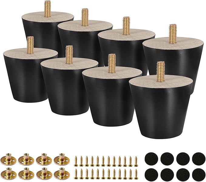 FoDau770 Black Rubber Wood Furniture Legs 2 Inches, Straight Tapered Wood Feet Mid Century Sofa Legs Set of 8, 5/16" UNC Furniture Feet for Cabinet Couch Dresser Chair Ottoman Table