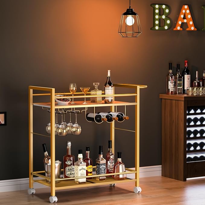Bar Cart,Home Bar Serving Cart with Storage Shelves, 2 Tier Rolling Beverage Cart with Wheels, Modern Wine Cart with Wine Rack and Glass Holder for Kitchen, Living Room,Dinning Room,Gold