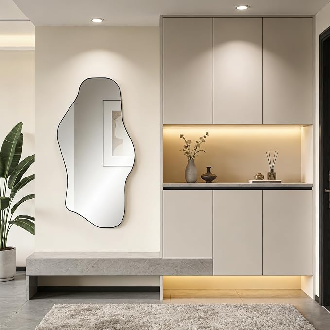 Irregular Wall Mirror, 47"x25" Asymmetrical Aesthetic Mirror with Black Metal Frame, Organic Mirrors for Entryway Hallway Living Room Bathroom Bedroom, Horizontal or Vertical Hanging
