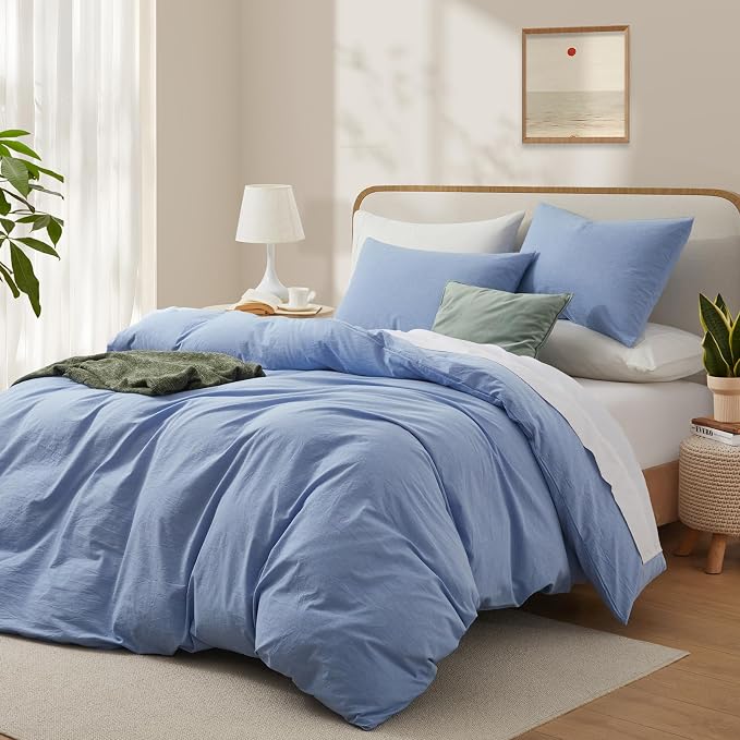 LOVQUE Light Blue Cotton Duvet Cover King Size, Linen Like Natural Bedding Set with Zipper Closure (No Comforter), 104x90 Inches