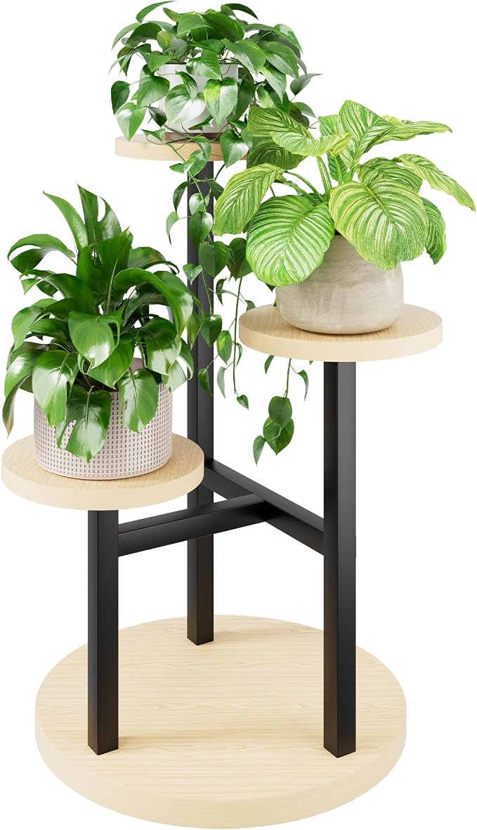 3 Tiers Black Plant Stand Indoor Tall Metal Wood Plant Shelf Outdoor Plant Stands Indoor Plant Table Rack Tiered Plant Stand Garden for Living Room Balcony Patio - RoundLight