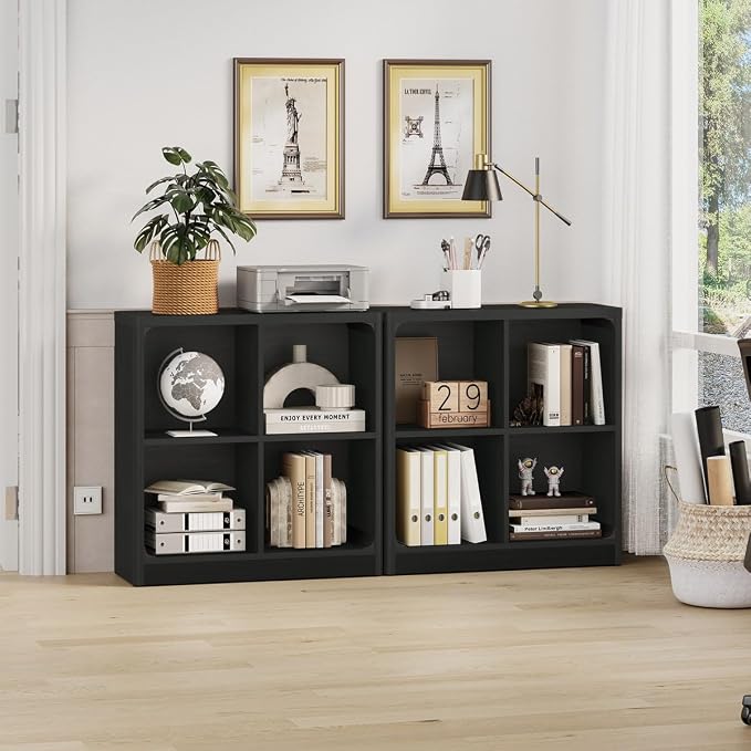 FATORRI 4 Cube Storage Bookcase, Rustic Wood Cube Bookcase Shelf Organizer, Small Storage Bookshelf for Living Room, Bedroom, Office (Black, 29.53" W)