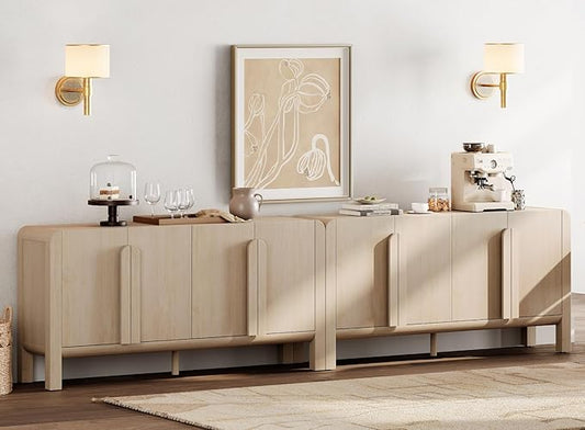 WAMPAT 126" W Large Buffet Sideboard Cabinet with Storages, Modern Buffet Table Coffee Bar Wine Bar Storage Curved Cabinet with 8 Doors for Dining Room, Living Room, Kitchen, Light Oak