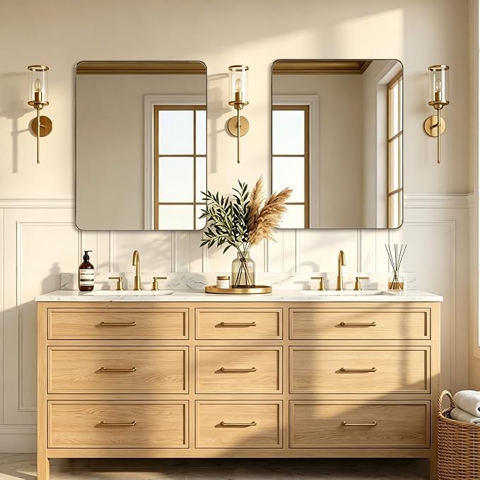 ANDY STAR Gold Bathroom Mirrors for Over Sink, 28x36 Inch Brushed Brass Wall Mirror, Rectangular Metal Framed Vanity Mirror -Modern Clean Design with Superior Stainless Steel Frame