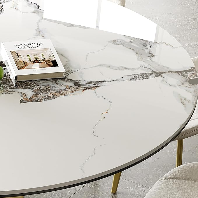 Montary 53 inch Luxury Round Dining Table Set with Sintered Stone Top & Gold Stainless Steel Base, Modern 5-Piece Kitchen Set for 4-8 People, Dining Table with 4 White PU Chairs, Easy Assembly