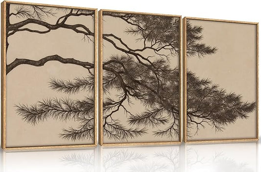 LHIUEM Large Vintage Pine Tree Branch Framed Canvas Wall Art,Sketch Botanical Wall Decor,Nature Plant Artwork,Brown Antique Etching Art Prints for Living Room,Bedroom,Office- 16"x24"x3