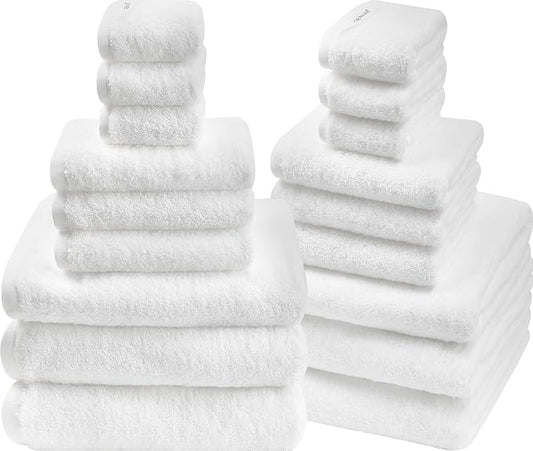 SEMAXE Bath Towel Set, 18 Piece Towel Set for Bathroom, Large Value Pack, Quick Dry Cotton Towels with Hanging Loops, Easy Care, White