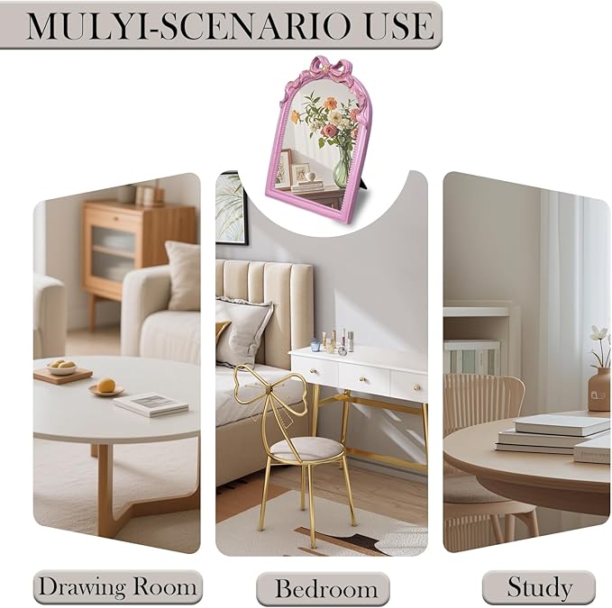 Pink Bow Mirror - 13x10 Inch Elegant Decorative Accent, Wall-Mounted & Tabletop Makeup Mirror for Bedroom Decor