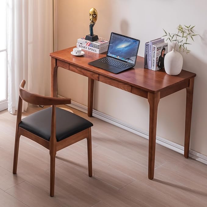 Solid Wood Desk with Drawers, Home Office Desk for Small Spaces, Gaming Work Study Desk, Student PC Desk for Bedroom, Easy to Assemble (Cherry Color, 47.2 inch)