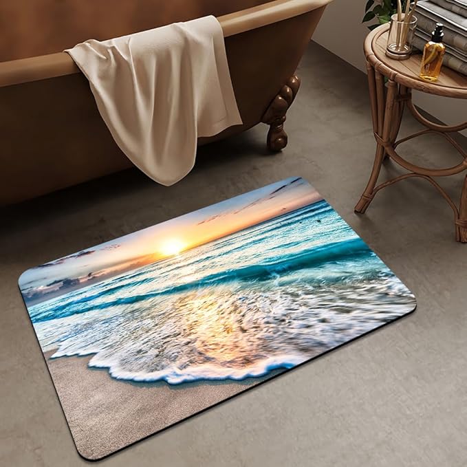 Bath Mat Rug,Sunset on Island Beach Non Slip Quick Dry Super Absorbent Thin Bathroom Rugs Fit Under Door-Easy to Clean Bathroom Floor Mats-Shower Rug for Shower Sink Bathtub(20" x 31"in)