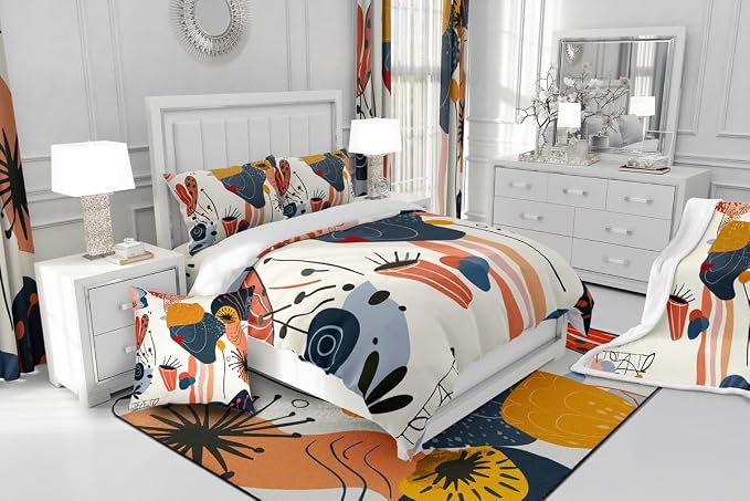 Minimalist Bedding Set Mid Century Minimalism Comforter Cover,Colorful Hand Drawn Duvet Cover Simplistic Geometrical Abstract Sketch King Bed Set,Multicolor Modern Graffiti Ombre Art Room Decor