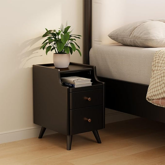 AQIMUELE Wood Nightstand, Black Nightstand with 2 Drawers, Bedside Table for Bedroom