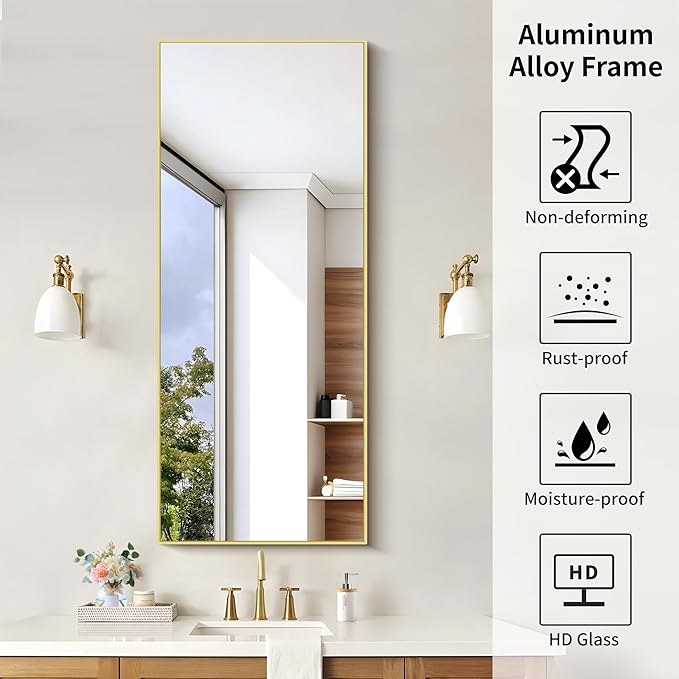 KOCUUY Gold Bathroom Mirror, 20"x48" Rectangle Bathroom Mirror for Wall, HD Tempered Glass, Anti-Rust Frame, Modern Design for Bathroom, Bedroom, Living Room, Entryway