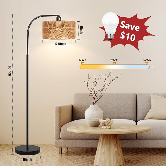 Rattan Floor Lamp- Boho Floor Lamp for Living Room, Rattan Standing Lamps with Dimmable Bulb, Adjustable Rattan Lamp Shades Bohemian Over Couch Lamps for Bedroom, Office