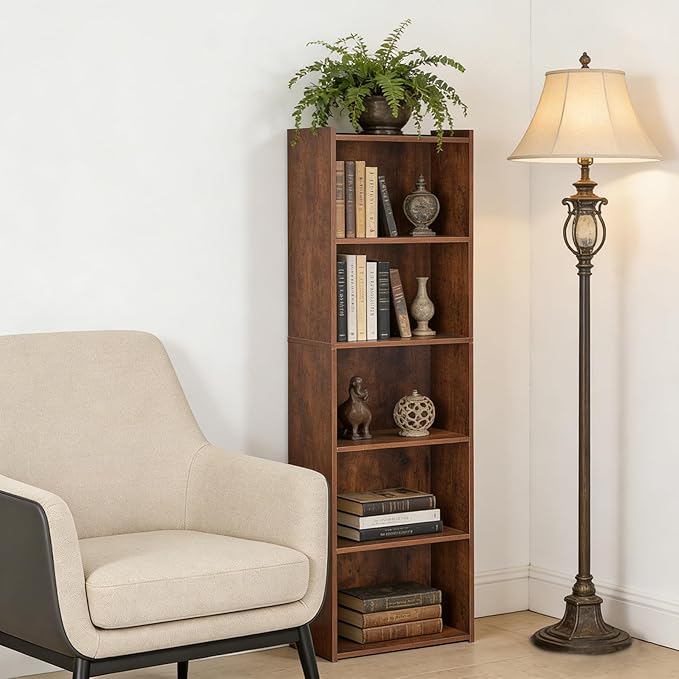 SUPER DEAL 5-Tier Open Shelf Bookcase and Bookshelf, Freestanding Display Shelves Narrow Cube Storage Organizer for Small Spaces Kids Bedroom Living Room Home Office Apartment, 52 Inch, Rustic Brown