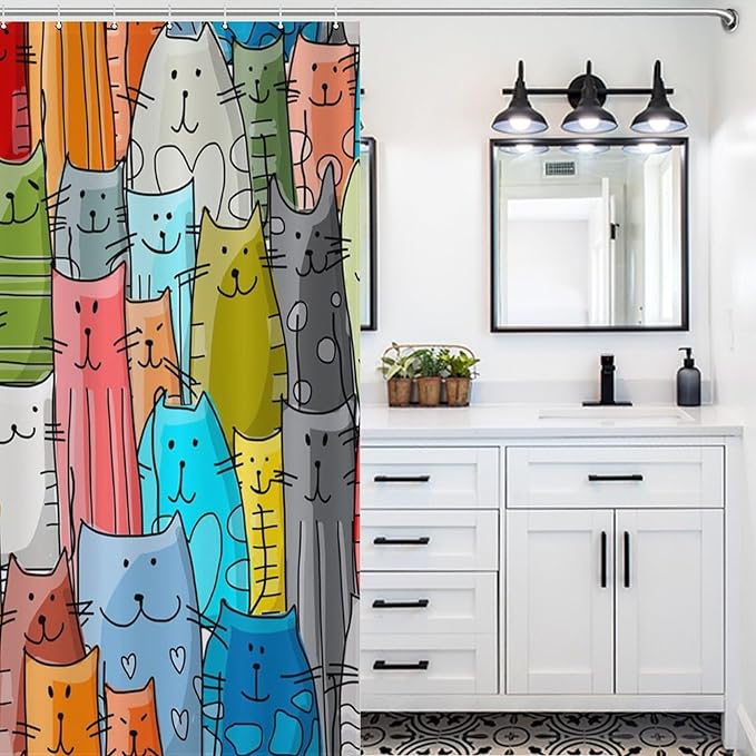 Cat Shower Curtain,Cartoon Cute Cat Pets Colorful Funny Animals Bathroom Curtain Polyester Waterproof Fabric Decor 66x72in（168x183cm）