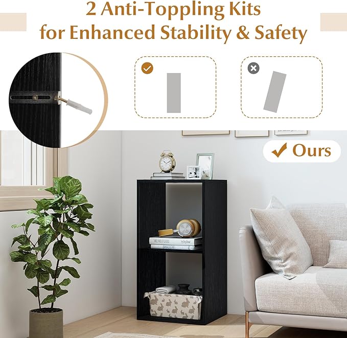 Tangkula 2-Cube Bookcase, 3-Tier Bookshelf with Open Compartments, Freestanding Cube Storage Organizer with Anti-Toppling Kits, Modern Display Shelf for Living Room, Study (1, Black, 2-Cube)