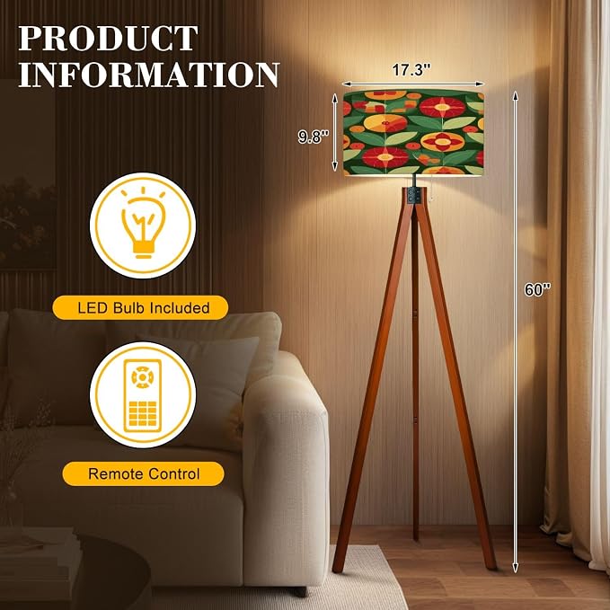 Wood Tripod Floor Lamp Flowers leaves nature Abstract geometric seamless Decorative ornament Mid Century Standing Lamp Linen Shade Dimmable Modern Tall lamp Home Decor for Living Room Bedroom Office