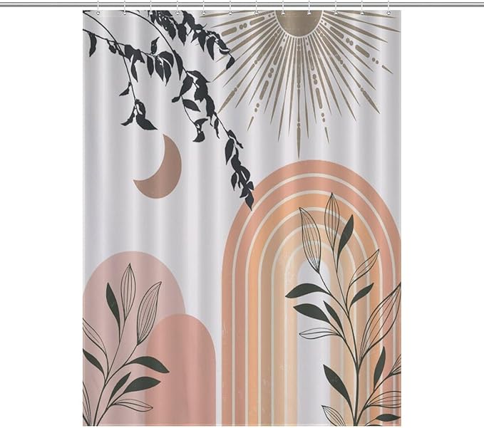 Mid Century Abstract Boho Shower Curtains Geometric Leaf Sun Modern Cafe Waterproof Shower Curtains for Bathroom Decor 12 Pack Hooks 55x72in（140x183cm）