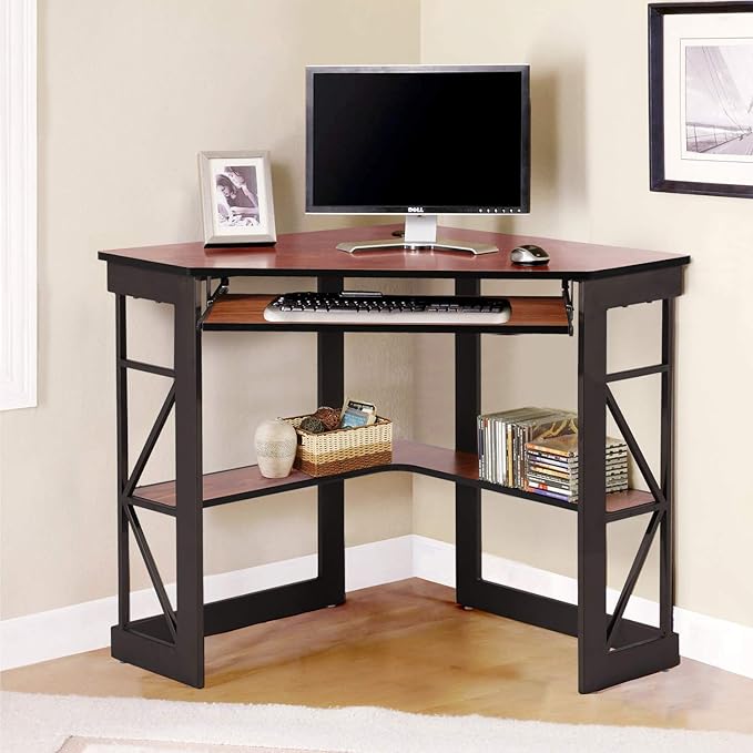 VECELO Corner Computer Desk 41 x 30 inches with Smooth Keyboard & Storage Shelves for Home Office Workstation, Teakwood Brown