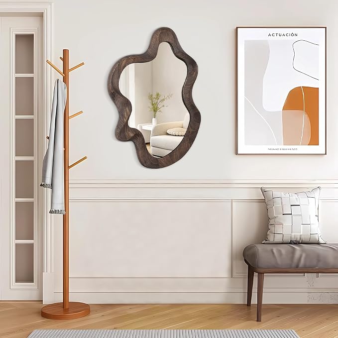 Asymmetrical Wavy Mirror for Wall Decor - Large Cute and Stylish Unique Wooden Framed Artistic Cloud Mirror, 21.6"x15" - Decorative for Living Room, Bedroom, Bathroom, Entryway