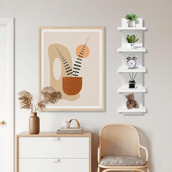 5 Tier Shelves for Wall, Decorative Wall Mounted Vertical Shelving Column Decor 30 Inch H Mounted Floating Storage Organizer Natural Finish Wall Shelf for Living Room, Bedroom, Bathroom
