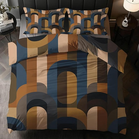 Mid Century Modern Duvet Cover King Size, Retro Geometric Bedding Set 3 pcs with 2 Pillow Covers, Abstract Boho Bedroom Decor, Soft Microfiber Reversible, Zipper & Ties KJJT 109