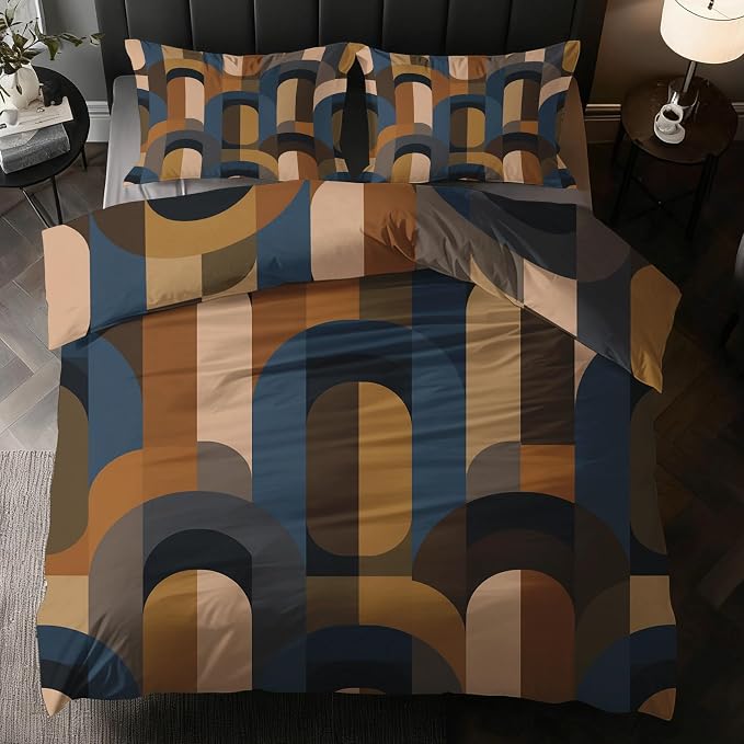 Mid Century Modern Duvet Cover Oversized King Size, Retro Geometric Bedding Set 3 pcs with 2 Pillow Covers, Abstract Boho Bedroom Decor, Soft Microfiber Reversible, Zipper & Ties KJJT 109