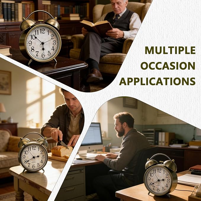 Vintage Twin Bell Alarm Clock - 4.5'' Silent Non-Ticking Analog Desk Clock, Antique Brass Finish, Retro Table Clock for Bedroom, Office & Home Decor, Battery Operated Loud Alarm for Heavy Sleepers ﻿