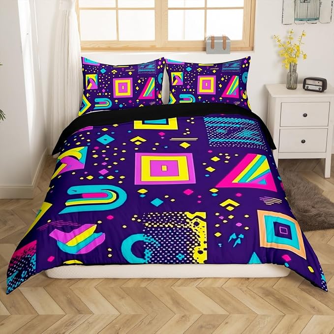 Memphis Geometric Pattern Comforter Cover Set King Size,Retro Style Round Half Moon Triangle Shapes Artwork Duvet Cover Colorful Graphic 80s 90S Style Bedding Set Abstract 1990S Memphis Home Decor