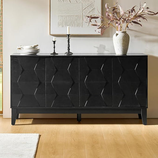 HULALA HOME Mid Century Sideboard Buffet Cabinet with Solid Wood Legs, 60" Kitchen Storage Cabinet Credenza with 4 Doors and 2 Shelves, Accent Console Table (Black)