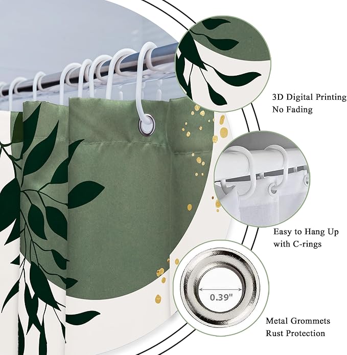 Riyidecor Small Stall Sage Green Boho Mid Century Shower Curtain for Bathroom Decor 36Wx72H Modern Abstract Gold Leaves Minimalist Geometric Art Printed Fabric Polyester Waterproof 7 Pack Plastic Hook